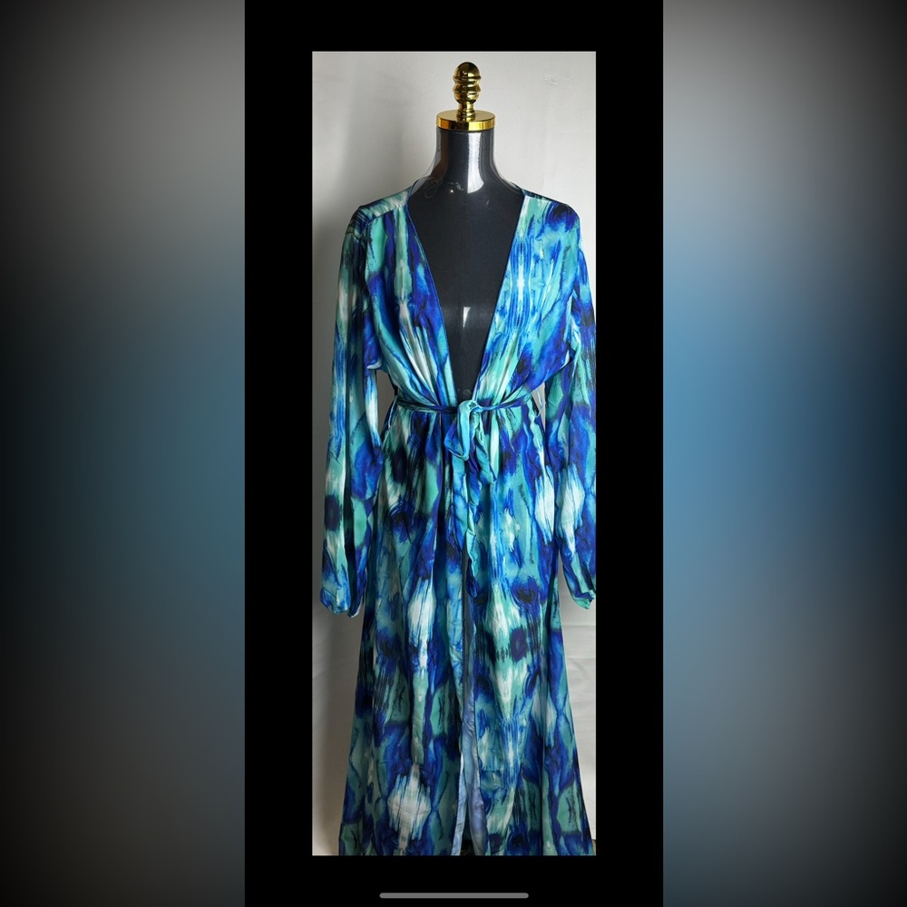 Matte collection Blue Green Tie-Dye Maxi Dress wrap tie around waist XL NWOT